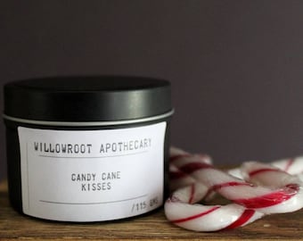 Candy cane kisses a strong scented soy wax candle with wood wick / cotton wick for Christmas! By Willowroot Apothecary