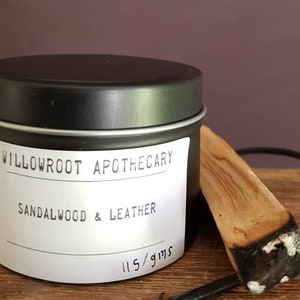 Sandalwood and leather strong scented candle with wood wick / cotton wick by Willowroot Apothecary