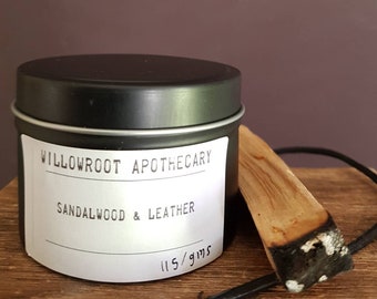 Sandalwood and leather strong scented candle with wood wick / cotton wick by Willowroot Apothecary