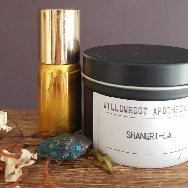 Shangri-La a strong soy wax candle with wood wick / cotton wick by Willowroot Apothecary