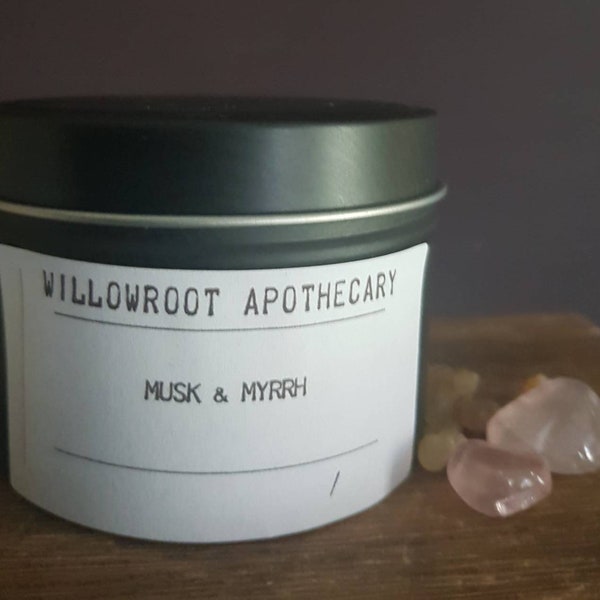 Musk and Myrrh strong scented soy wax candle with wood wick/ cotton wick by Willowroot Apothecary