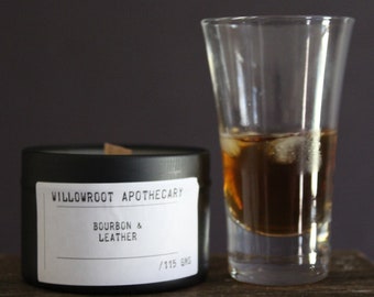 Bourbon and leather strong scented soy wax candle with wood wick/ cotton by Willowroot Apothecary