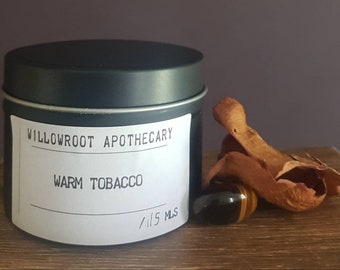 Warm tobacco strong scented soy wax candle with a wood wick / cotton wick by Willowroot Apothecary