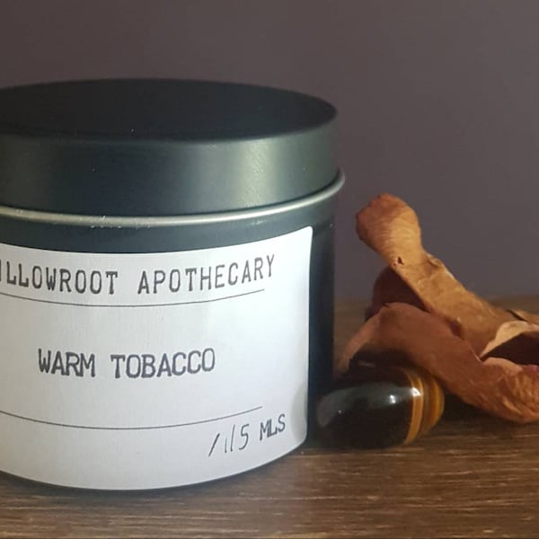 Warm tobacco strong scented soy wax candle with a wood wick / cotton wick by Willowroot Apothecary