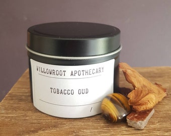 Tobacco oud a strong scented soy wax candle with wood wick / cotton wick by Willowroot Apothecary