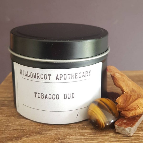 Tobacco oud a strong scented soy wax candle with wood wick / cotton wick by Willowroot Apothecary