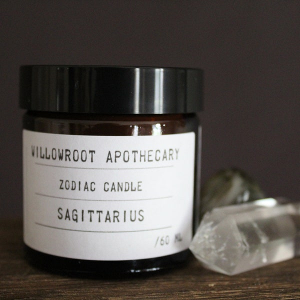 Sagittarius zodiac scented candle with crystals by Willowroot apothecary