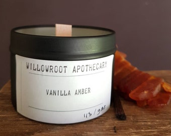 Vanilla Amber strong scented candle with wood wick / cotton wick by Willowroot Apothecary