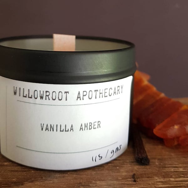 Vanilla Amber strong scented candle with wood wick / cotton wick by Willowroot Apothecary