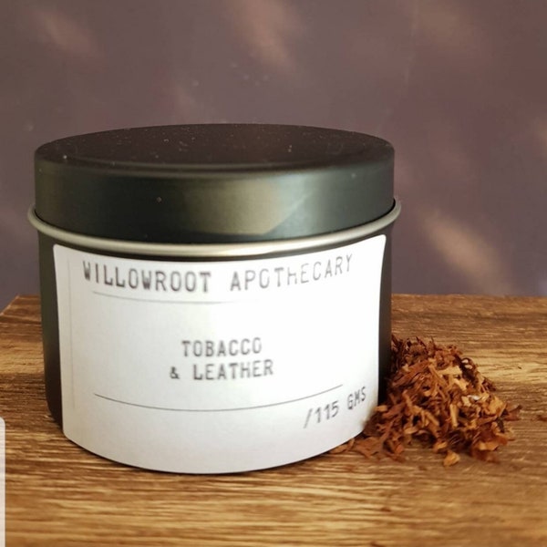 Tobacco and leather strong scented soy wax candle with wood wick/ cotton by Willowroot Apothecary
