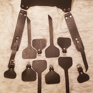 May include: A set of black leather straps and buckles, likely for a harness or other leatherwork project.