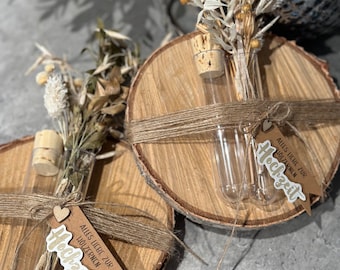 Hölzerne Hochzeit Geldgeschenk GeschenkReagenzglas mit Trockenblumen Holzscheibe