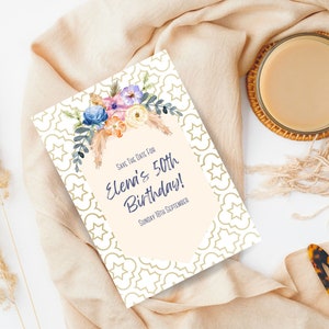Digital Geo Gold and Watercolour Floral Birthday Invitation | Beige and Gold Invitations |Instant Editable Download