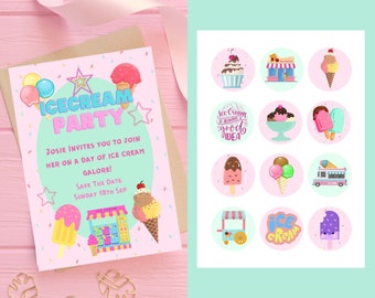 Digital Ice Cream Theme Birthday Invitation + Ice Cream Cupcake Toppers | Pink Ice Cream Birthday Party | Instant Editable Download
