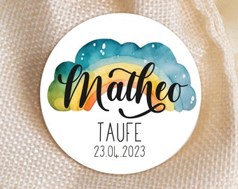 24 personalisierte Sticker zur Taufe Kommunion, Regenbogen, Aufkleber 4cm, Geschenk, für Geschenkanhänger mit Name bunt Gastgeschenk bunt