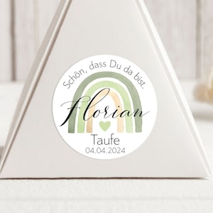 ab 12 Regenbogen Sticker Schön dass du da bist Gastgeschenk Aufkleber Etiketten 4cm für Geschenkanhänger Taufe Kommunion grün gold Name