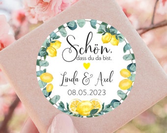 ab 12 personalisierte Zitronen Eukalyptus Sticker Schön, dass du da bist mit Name Datum 4cm Gastgeschenk Hochzeit Taufe Etiketten Aufkleber