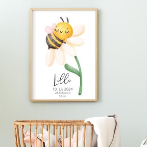 Poster Wandbild Kinderzimmer Biene Sommer Wiese Geschenk Geburtstag Geburt boho Babyparty Taufe rosa gelb grün Name Datum Geburtsposter