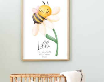 Affiche murale chambre enfant abeille été prairie cadeau anniversaire naissance bohème baby shower baptême rose jaune vert nom date naissance affiche