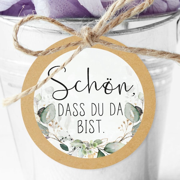 24 Wedding Sticker, Schön,dass du da bist, 4cm, Gastgeschenk, Hochzeit, Taufe, Geburtstag, Party, Geburt, Etiketten, Eukalyptus, gold, JGA