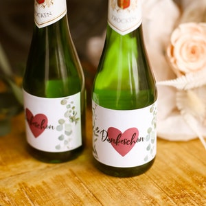 de 5x etiquetas de champán gracias, regalo de invitados, etiquetas de boda de eucalipto, pegatinas, flautín, JGA, despedida de soltera, gracias corazón rojo