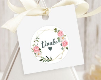 ab 10 Danke Sticker, Gastgeschenk, Hochzeit, Taufe, Geburtstag, Party, Wedding, Geburt, Etiketten, 3cm Danke Aufkleber Eukalyptus Rosen rosa