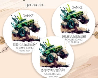 24 personalisierte Monstertruck Sticker 4cm mit Name Datum Geburtstag Einschulung Kommunion Aufkleber Gastgeschenk Schuleingang Geschenk