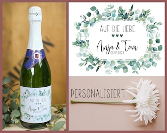 ab 3x personalisierte Etiketten für 0,75L Sektflaschen, Sticker 12 x 9 cm Name Datum Aufkleber Gastgeschenk Hochzeit Eukalyptus Taufe JGA