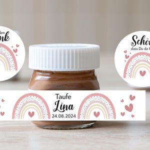 ab 20 personalisierte Sticker im Set für Schoko Mini Glas Gläser Regenbogen rosa altrosa Name Datum  Gastgeschenk Aufkleber Taufe Geburtstag