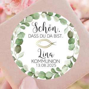 ab 12 personalisierte Sticker Kommunion Konfirmation Taufe Gastgeschenk Aufkleber Etiketten 4cm für Geschenkanhänger Anhänger Eukalyptus