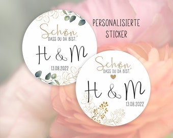 45 personalisierte Sticker Hochzeit - Schön, dass du da bist, 4cm, Gastgeschenk, Klebeetiketten, Aufkleber, Etiketten, für Geschenkanhänger