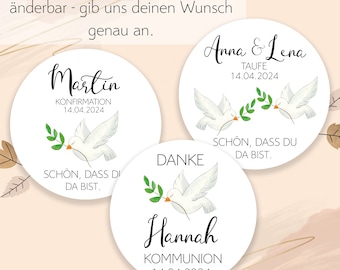 ab 12 personalisierte Sticker Kommunion Konfirmation Taufe 4cm Gastgeschenk Aufkleber Etiketten für Geschenkanhänger Taube Zwillinge Danke