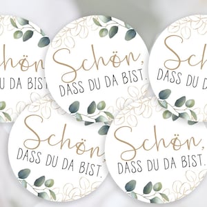 28 pegatinas Qué bueno que estás aquí 20 mm 2 cm eucalipto dorado estilo boho, pegatinas verdes regalos invitados BODA bautizo boda etiquetas adhesivas