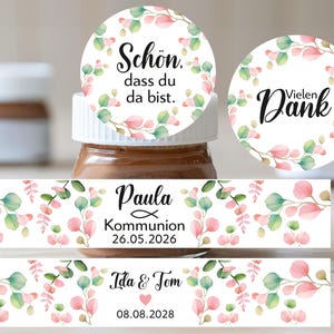 ab 20 personalisierte Sticker im Set für Schoko Mini Glas Honig Gläser Kommunion Konfirmation Taufe Hochzeit Gastgeschenk Aufkleber rosa