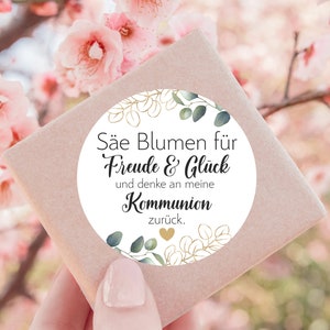 24 Sticker Säe Blumen für Freud Glück denke an zurück zur Taufe Kommunion Hochzeit Konfirmation Firmung Gastgeschenk 4cm Eukalyptus gold Bild 2