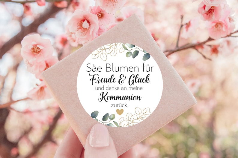 24 Sticker Säe Blumen für Freud Glück denke an zurück zur Taufe Kommunion Hochzeit Konfirmation Firmung Gastgeschenk 4cm Eukalyptus gold Bild 2