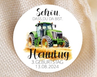 ab 12 personalisierte Traktor Sticker Schön dass du da bist, Gastgeschenk Aufkleber Etiketten 4cm für Geschenkanhänger Anhänger Taufe grün