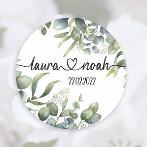 45 individual wedding stickers, 4 cm personalized with name and date, for labels, party favors, invitations, eucalyptus, stickers