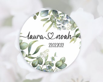 45 individual wedding stickers, 4 cm personalized with name and date, for labels, party favors, invitations, eucalyptus, stickers