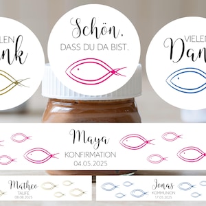 ab 20 Sticker Sets für Schoko Mini Glas Honig Gläser Marmelade Fischsymbol personalisiert  Gastgeschenk Aufkleber Taufe Kommunion Hochzeit