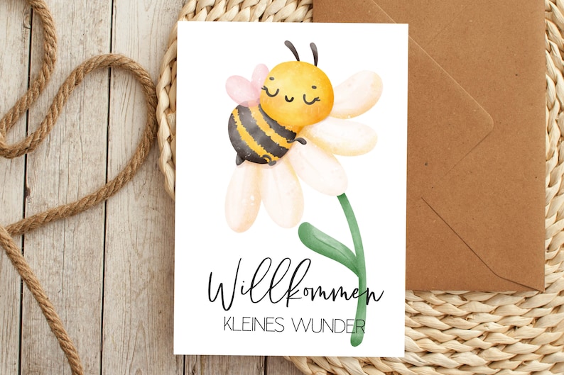 Carte abeille douce DIN A6, bienvenue petit miracle, carte de félicitations naissance carte postale baby shower bébé enfant nouveau-né tante parrain oncle image 1