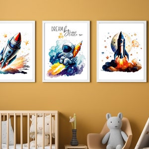 Weltraum Poster Set 3er Dream big little one Poster Wandbild Größe A4 A3 Wandbild Kinderzimmer Baby Kind Rakete Rocket Geschenk Geburt Space