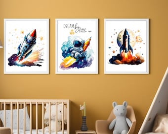 Weltraum Poster Set 3er Dream big little one Poster Wandbild Größe A4 A3 Wandbild Kinderzimmer Baby Kind Rakete Rocket Geschenk Geburt Space