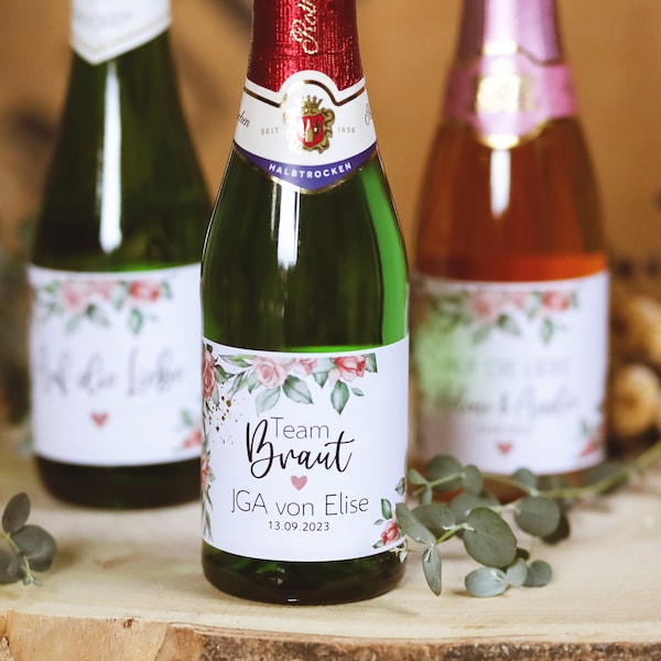 à partir de 5x étiquettes de champagne personnalisées équipe nom de la mariée date, roses, rosè JGA étiquettes cadeaux d'invité autocollants piccolo mariage or rose
