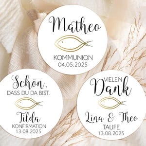 à partir de 12 autocollants personnalisés, communion, confirmation, baptême, cadeaux d'invités, étiquettes autocollantes 4 cm pour étiquettes cadeaux, poisson simple