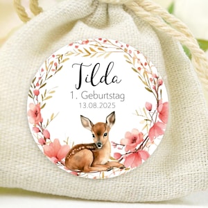 24 adesivi personalizzati per battesimo - cervo fulvo fiori rosa regalo ospite, etichette adesive, adesivi, etichette, 4 cm, per etichette regalo