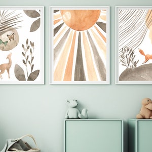 3er Set Poster Boho Wandbild DIN A4 A3 Kinderzimmer Fuchs Reh Sonne Geschenk Geburtstag Geburt vintage bohemian Babyparty Taufe orange Yoga