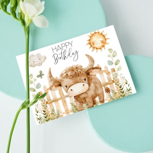 Karte Hochlandrind DIN A6, Happy Birthday, Glückwunschkarte Geburt  Postkarte Babyparty Baby Kind Neugeborene Tante Pate Onkel Kuh Bauernhof