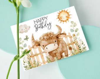 Carte Hochlandrind DIN A6, Joyeux anniversaire, Carte de félicitations Naissance Carte postale Baby Shower Bébé Enfant Nouveau-né Tante Parrain Oncle Vache Ferme