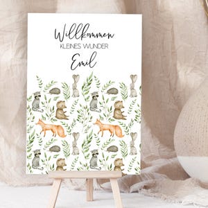Waldtiere Karte zur Geburt Willkommen kleines Wunder DIN A6 Glückwunschkarte opt. individuell + Name Postkarte Geschenk Fuchs Igel Hase grün